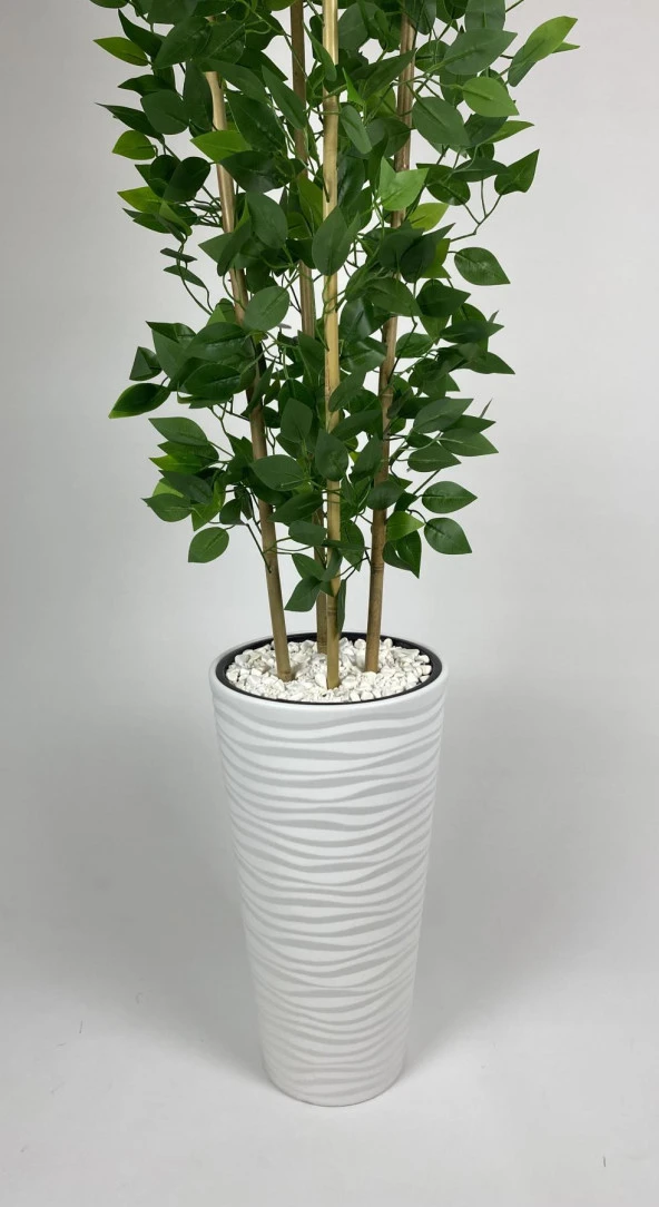 BİÇİÇEK YAPAY BENJAMİN AĞACI 180CM YOĞUN YAPRAKLI BAMBU GÖVDELİ BEYAZ RENK KUMSAL SAKSIDA - 3