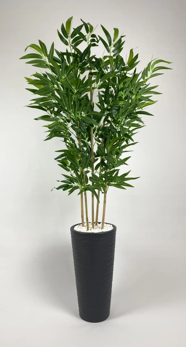 BİÇİÇEK YAPAY BAMBU AĞACI 185CM BÜYÜK YAPRAKLI 5 BAMBULU ANTRASİT RENK KUMSAL SAKSIDA YAPAY AĞAÇ