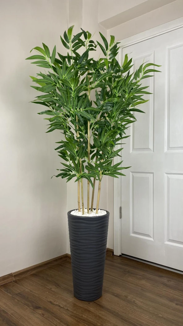 BİÇİÇEK YAPAY BAMBU AĞACI 185CM BÜYÜK YAPRAKLI 5 BAMBULU ANTRASİT RENK KUMSAL SAKSIDA YAPAY AĞAÇ - 4