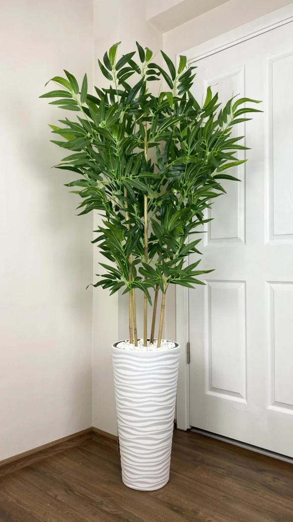 BİÇİÇEK   YAPAY BAMBU AĞACI 185CM BÜYÜK YAPRAKLI 5 BAMBULU BEYAZ RENK KUMSAL SAKSIDA YAPAY AĞAÇ - Resim 2