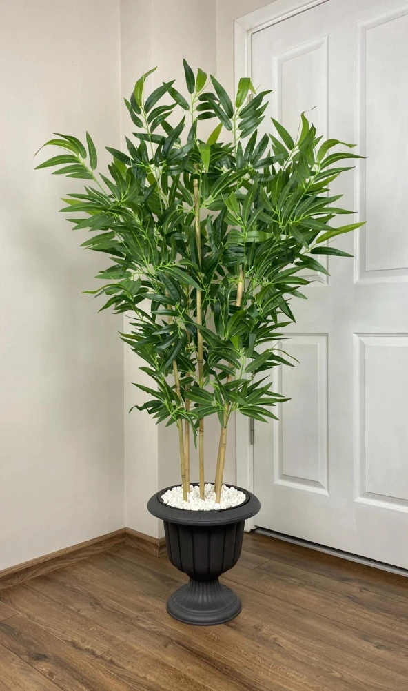 BİÇİÇEK YAPAY BAMBU AĞACI 170CM BÜYÜK YAPRAKLI 5 BAMBULU ANTRASİT RENK NERGİS SAKSIDA YAPAY AĞAÇ - 2