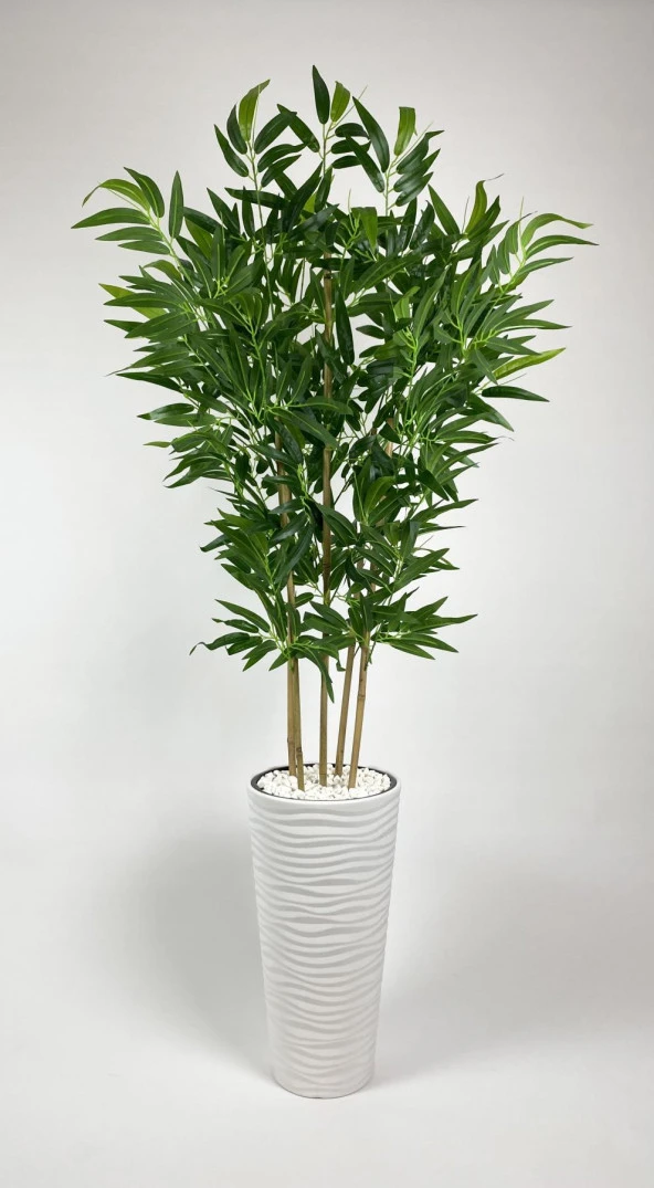 BİÇİÇEK   YAPAY BAMBU AĞACI 185CM BÜYÜK YAPRAKLI 5 BAMBULU BEYAZ RENK KUMSAL SAKSIDA YAPAY AĞAÇ - Resim 3