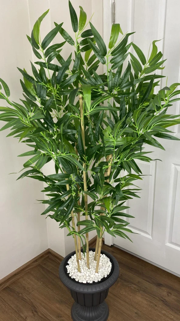 BİÇİÇEK YAPAY BAMBU AĞACI 170CM BÜYÜK YAPRAKLI 5 BAMBULU ANTRASİT RENK NERGİS SAKSIDA YAPAY AĞAÇ - 3
