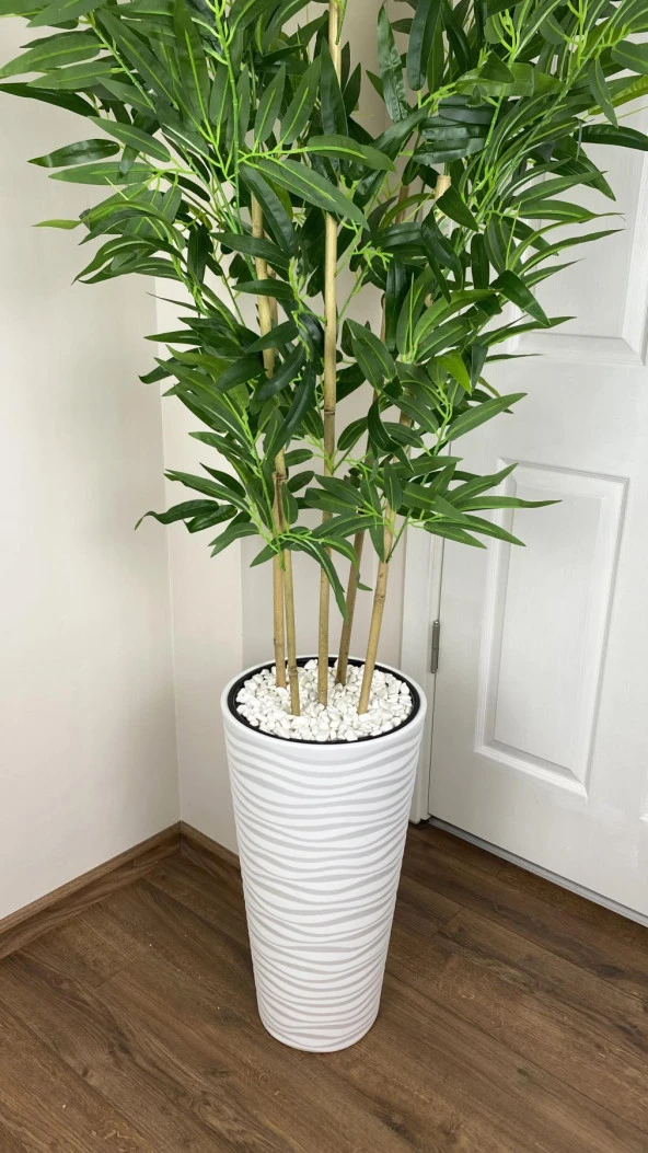 BİÇİÇEK   YAPAY BAMBU AĞACI 185CM BÜYÜK YAPRAKLI 5 BAMBULU BEYAZ RENK KUMSAL SAKSIDA YAPAY AĞAÇ - Resim 4