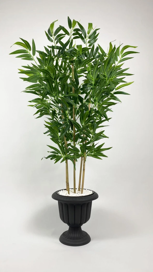 BİÇİÇEK YAPAY BAMBU AĞACI 170CM BÜYÜK YAPRAKLI 5 BAMBULU ANTRASİT RENK NERGİS SAKSIDA YAPAY AĞAÇ - 4