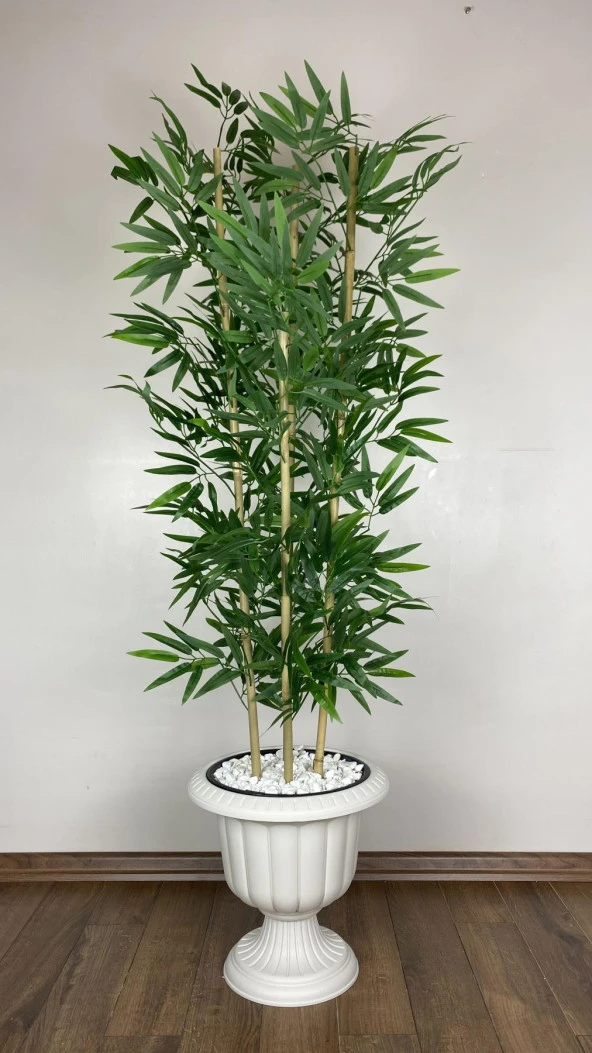 BİÇİÇEK YAPAY BAMBU AĞACI 140CM YOĞUN YAPRAKLI KIRIK BEYAZ RENK NERGİS SAKSIDA