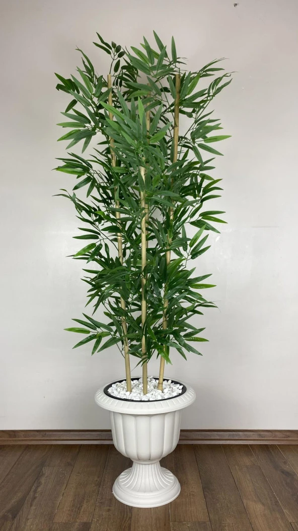 BİÇİÇEK YAPAY BAMBU AĞACI 170CM YOĞUN YAPRAKLI KIRIK BEYAZ RENK NERGİS SAKSIDA - 3