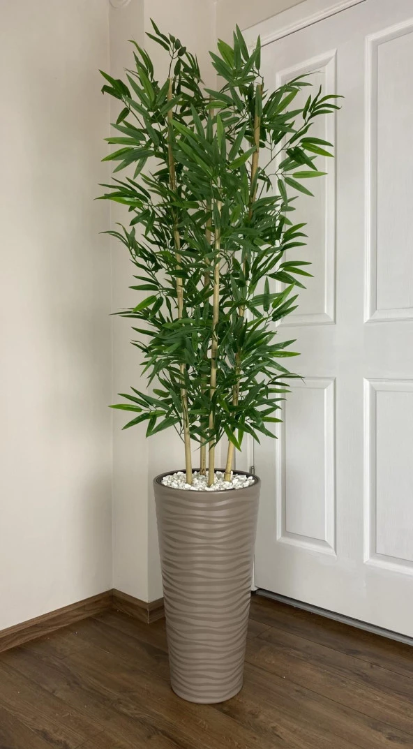 BİÇİÇEK YAPAY BAMBU AĞACI 180CM YOĞUN YAPRAKLI BEJ RENK KUMSAL SAKSIDA - 2