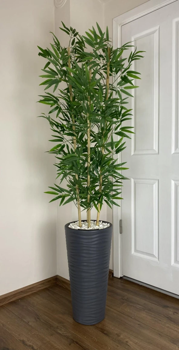 BİÇİÇEK   YAPAY BAMBU AĞACI  180CM YOĞUN YAPRAKLI ANTRASİT RENK KUMSAL SAKSIDA - Resim 2