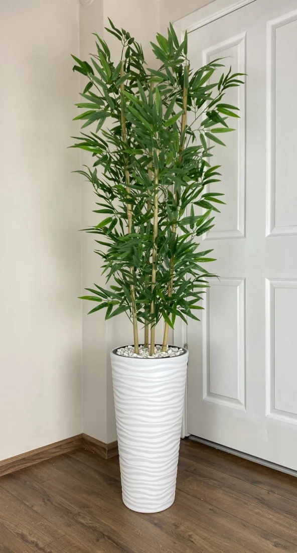 BİÇİÇEK YAPAY BAMBU AĞACI 180CM YOĞUN YAPRAKLI BEYAZ RENK KUMSAL SAKSIDA