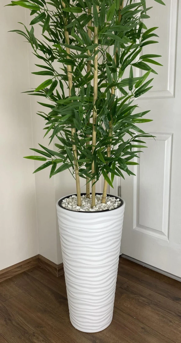 BİÇİÇEK YAPAY BAMBU AĞACI 180CM YOĞUN YAPRAKLI BEYAZ RENK KUMSAL SAKSIDA - 2