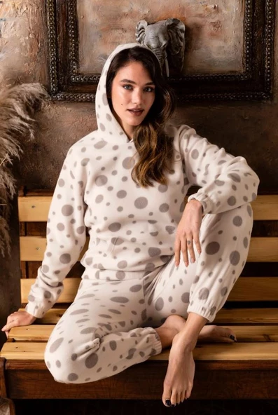 Sude K-200-64 Puantiyeli Kapüşonlu Kadın Pijama Takımı