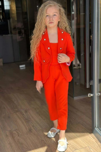 Kız Çocuk Gümüş Düğme Detaylı Blazer Ceket ve Turuncu Alt Üst Takım ürün görseli