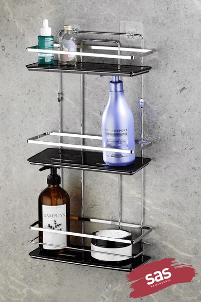 Yapışkanlı Asla Paslanmaz Kristal Ayarlanabilir Raf Banyo Düzenleyici Şampuanlık Krom Siyah LŞ-03 KS ürün görseli
