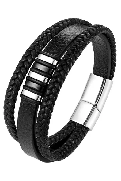Erkek Hakiki Deri Bileklik Siyah Renk Manyetik Toka Örgülü Pirinç Bileklik- Erkek Bileklik - 4