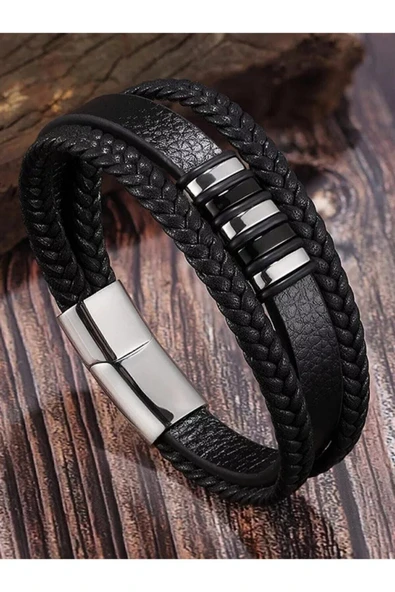 Erkek Hakiki Deri Bileklik Siyah Renk Manyetik Toka Örgülü Pirinç Bileklik- Erkek Bileklik - 3