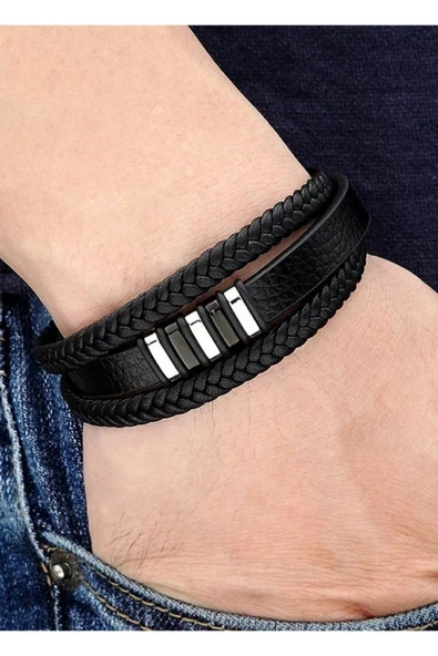 Erkek Bileklik Hakiki Deri - Siyah Hasır Örme Deri Bileklik - 4