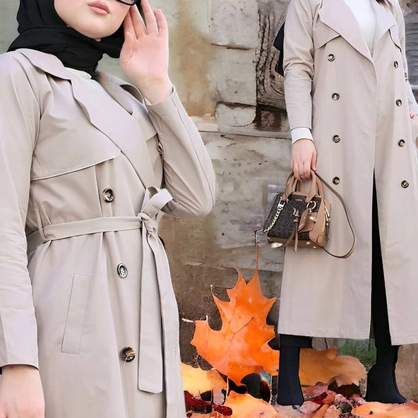Astarlı Kuşaklı Düğmeli Uzun Boy Trençkot - 5