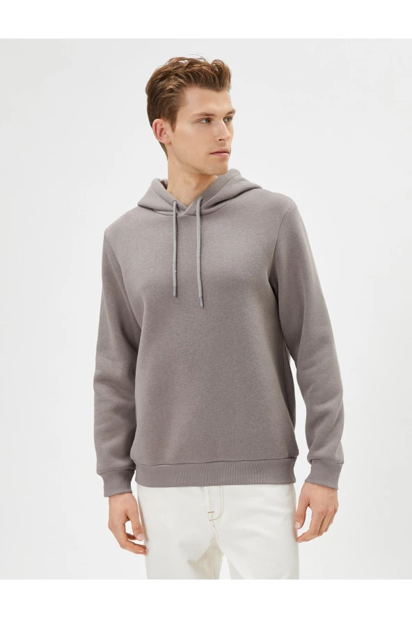 Basic Kapşonlu Sweatshirt Uzun Kollu Ribanalı - Resim 3