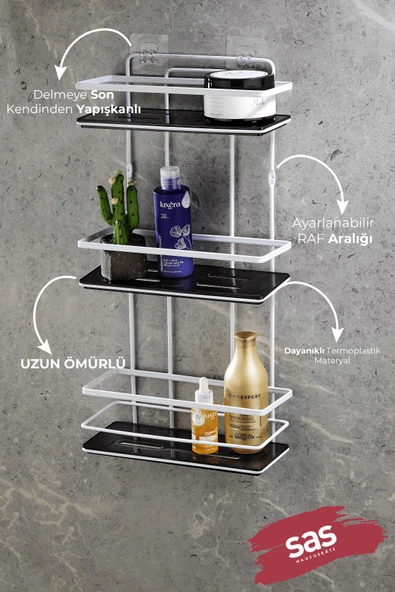 Yapışkanlı Paslanmaz Kristal Ayarlanabilir Raf Banyo Düzenleyici Şampuanlık Krom - Siyah LŞ-03 BS - Resim 2