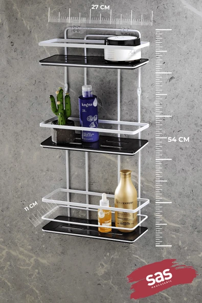 Yapışkanlı Paslanmaz Kristal Ayarlanabilir Raf Banyo Düzenleyici Şampuanlık Krom - Siyah LŞ-03 BS - Resim 3