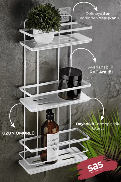 Yapışkanlı Ömür Boyu Paslanmaz Kristal Ayarlanabilir Raf Banyo Düzenleyici Şampuanlık Beyaz LŞ-03 BB - Resim 2