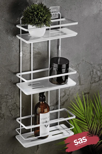Yapışkanlı Ömür Boyu Paslanmaz Kristal Ayarlanabilir Raf Banyo Düzenleyici Şampuanlık Beyaz LŞ-03 BB