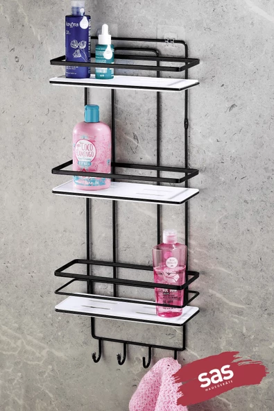 Yapışkanlı Ömür Boyu Paslanmaz Kristal Raflı Banyo Düzenleyici Şampuanlık Siyah - Beyaz LŞ-03 SBSK