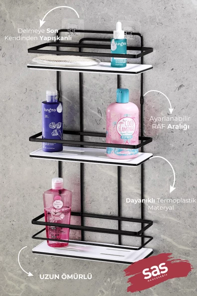 Yapışkanlı Paslanmaz Kristal Ayarlanabilir Raf Banyo Düzenleyici Şampuanlık Siyah - Resim 2