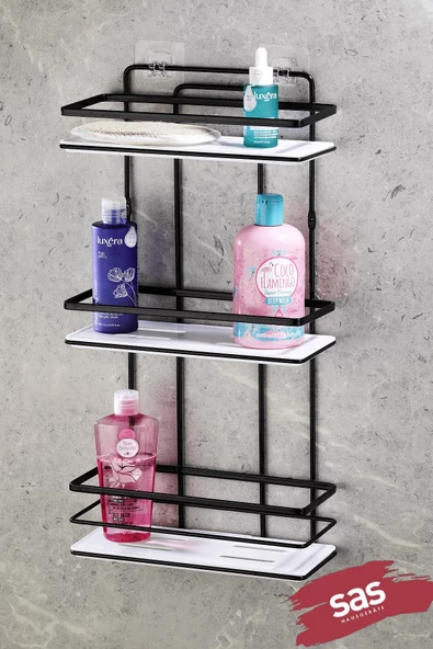 Yapışkanlı Paslanmaz Kristal Ayarlanabilir Raf Banyo Düzenleyici Şampuanlık Siyah ürün görseli