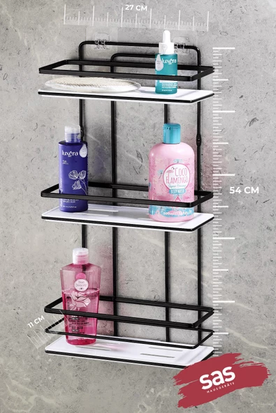 Yapışkanlı Paslanmaz Kristal Ayarlanabilir Raf Banyo Düzenleyici Şampuanlık Siyah - Resim 3