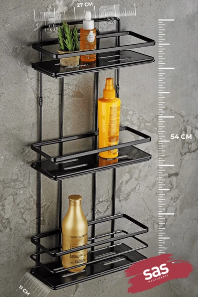 Yapışkanlı Ömür Boyu Paslanmaz Kristal Ayarlanabilir Raf Banyo Düzenleyici Şampuanlık Siyah LŞ-03 SS - Resim 3