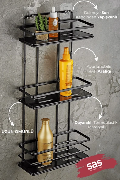 Yapışkanlı Ömür Boyu Paslanmaz Kristal Ayarlanabilir Raf Banyo Düzenleyici Şampuanlık Siyah LŞ-03 SS - Resim 2