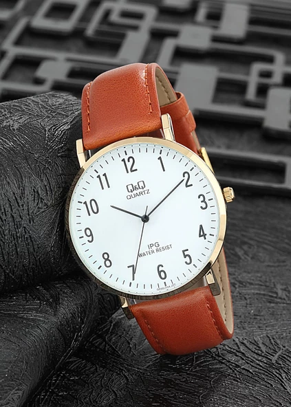 Q&Q QC102J002Y Altın Taba Retro Deri Kordonlu Rakamlı Sevgili Çift Kol Saatleri - 2