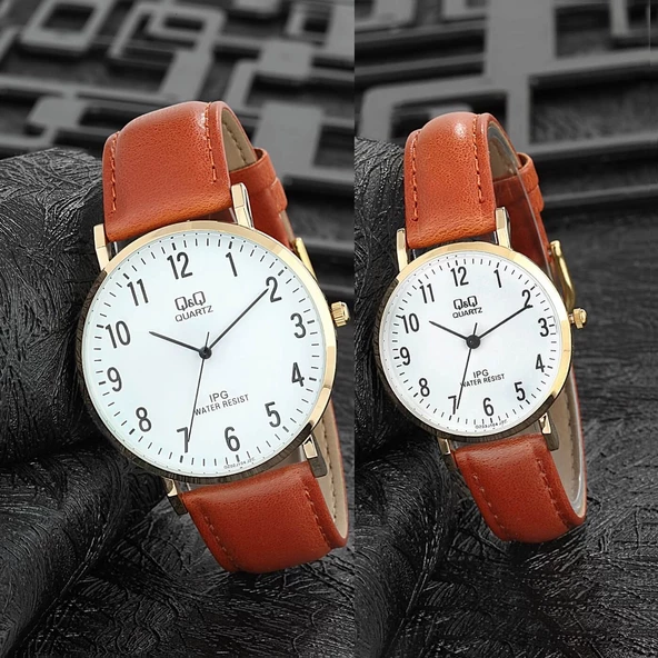 Q&Q QC102J002Y Altın Taba Retro Deri Kordonlu Rakamlı Sevgili Çift Kol Saatleri