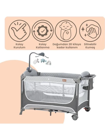 Gulz Atlas Plus Anne Yanı Sallanır Cibinlikli Dönenceli Oyun Parkı Bebek Beşik 70X110 Cm + Yataklı Dark Grey - Resim 4