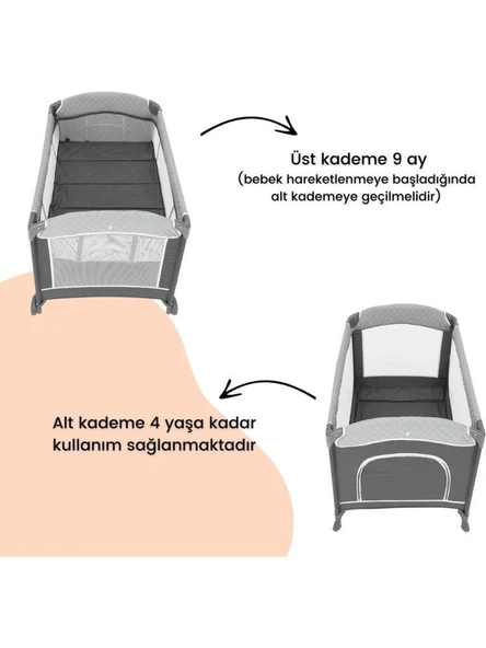 Gulz Atlas Plus Anne Yanı Sallanır Cibinlikli Dönenceli Oyun Parkı Bebek Beşik 70X110 Cm + Yataklı Dark Grey - Resim 5