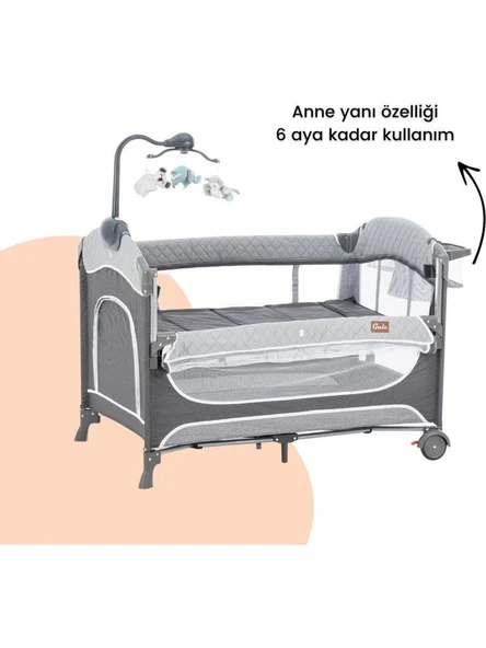 Gulz Atlas Plus Anne Yanı Sallanır Cibinlikli Dönenceli Oyun Parkı Bebek Beşik 70X110 Cm + Yataklı Dark Grey - Resim 7