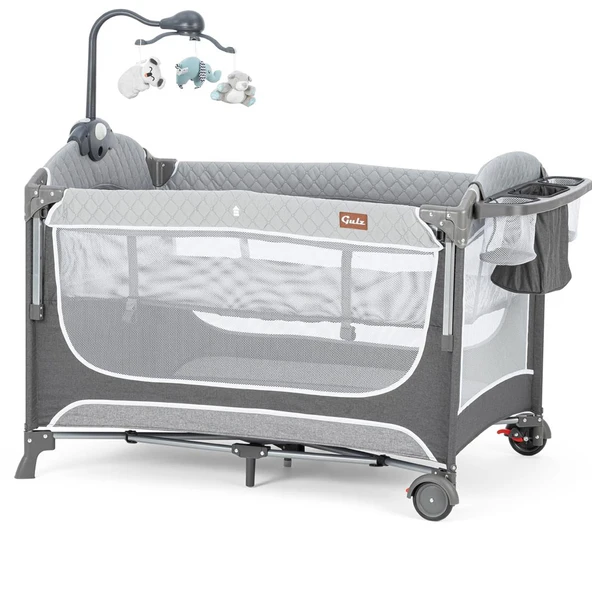 Gulz Atlas Plus Anne Yanı Sallanır Cibinlikli Dönenceli Oyun Parkı Bebek Beşik 70X110 Cm + Yataklı Dark Grey - Resim 8