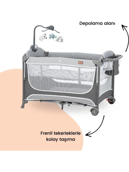 Gulz Atlas Plus Anne Yanı Sallanır Cibinlikli Dönenceli Oyun Parkı Bebek Beşik 70X110 Cm + Yataklı Dark Grey - Resim 9
