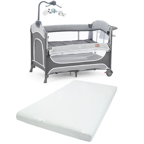 Gulz Atlas Plus Anne Yanı Sallanır Cibinlikli Dönenceli Oyun Parkı Bebek Beşik 70X110 Cm + Yataklı Dark Grey ürün görseli