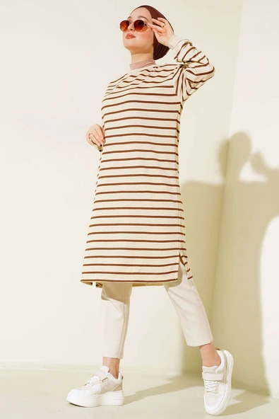 Çizgili Tunik Kahve ürün görseli