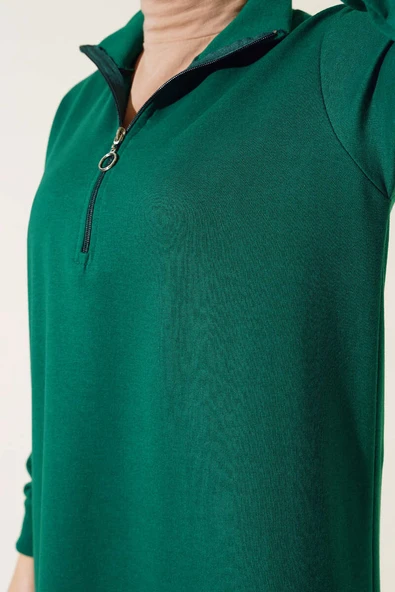 Yarım Fermuarlı Basıc Uzun Tunik Zümrüt Yeşili - Resim 4