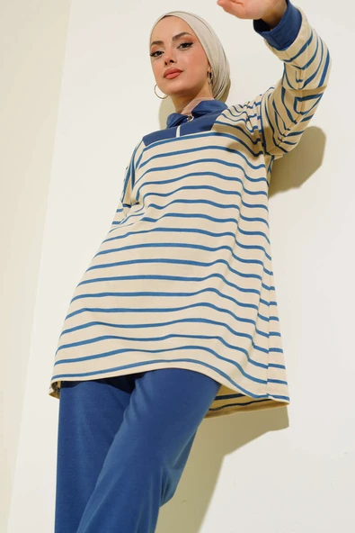 Klasik Yaka Fermuarlı İkili Takım İndigo ürün görseli 1