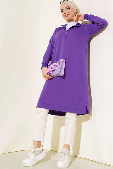 Yarım Fermuarlı Basıc Uzun Tunik Lila ürün görseli