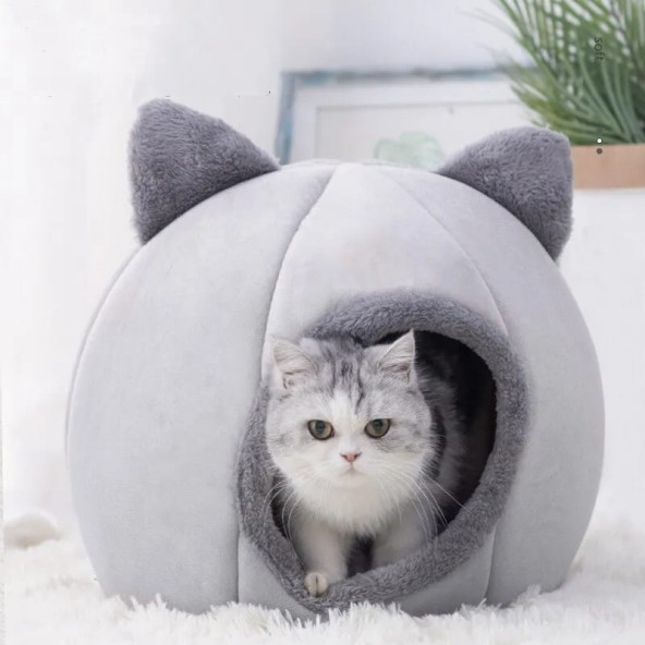 TİNEKE  Bal Kabağı Tasarımlı Kedi Evi Yumuşak Yatağı Derin Uyku Ve Kış Evi Çıkartılabilir Minder GRİ  M