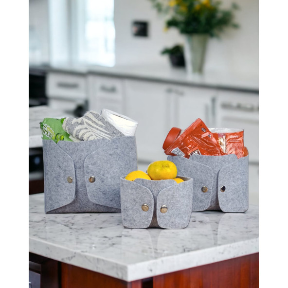 3'lü Keçe Çıtçıtlı Organizer, Elegance Dekoratif Kutu, Sepet