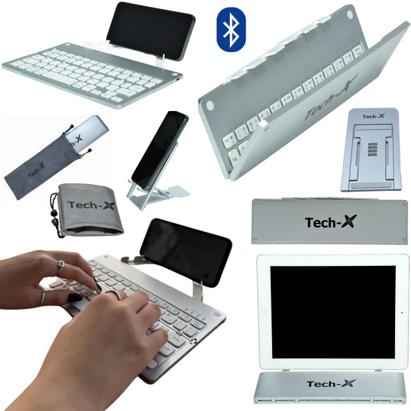 Tech-X Win/iOS/Android Uyumlu Katlanabilir Bluetooth Klavye Telefon Tutucu Kılıf Hediyeli - 2