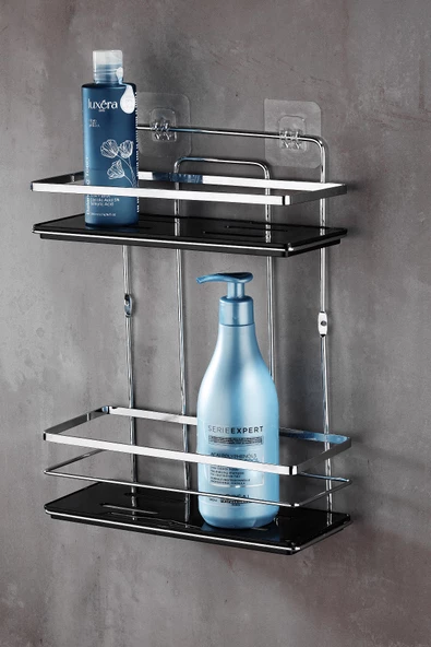 Yapışkanlı Ömür Boyu Paslanmaz Kristal Ayarlanabilir Raf Banyo Şampuanlık Krom - Siyah LŞ-02 KS ürün görseli