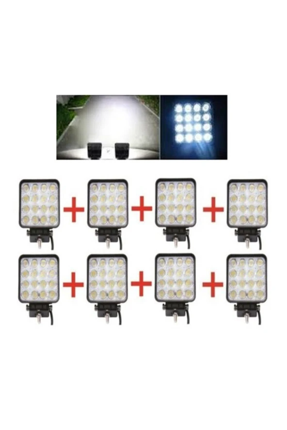 8 Adet Off Road Beyaz Işık Sis Farı Lambası 16 Led Kare 12-24v 48 Watt